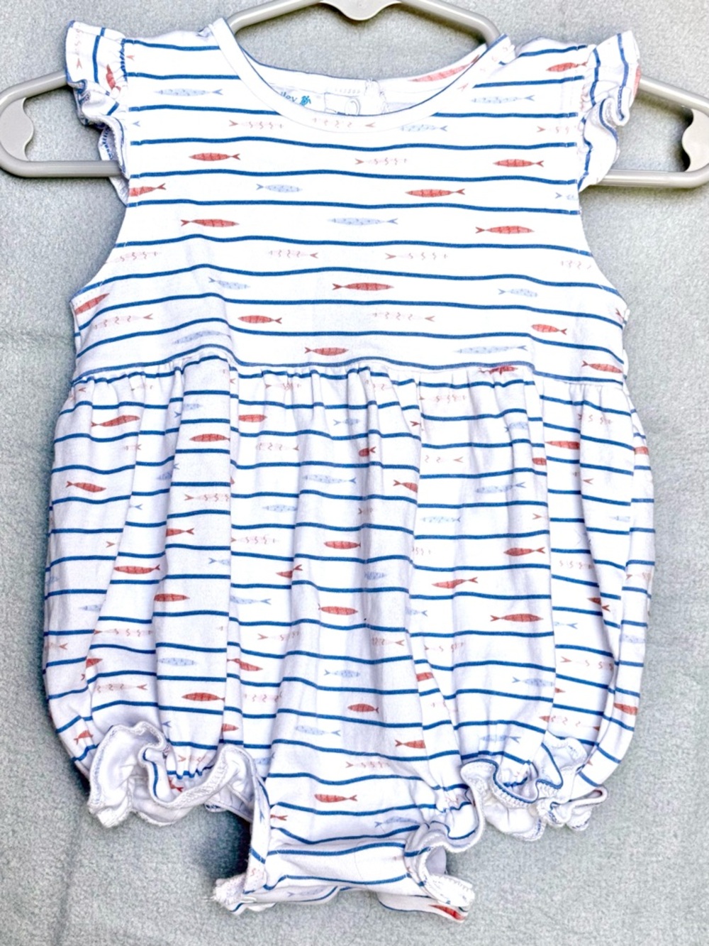 3M Bailey Boys Fish Print Bubble Romper Blue White Nautical Baby Girl